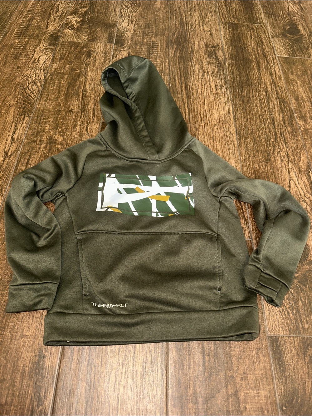 Nike Kids Olive Green Therma-Fit Hooded Pullover with Graphic Logo